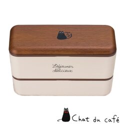 [Chat du cafe] Long-angle nest lunch Wood grain- เบนโตะญี่ปุ่นทรงสี่เหลี่ยม ลายน้องแมว สีครีม