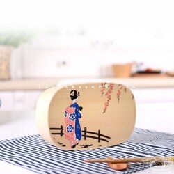 Special Portable Shiraki bento box กล่องข้าวญี่ปุ่นวงรีเหลี่ยมสีไม้ 1 ชั้น ลายพิเศษ