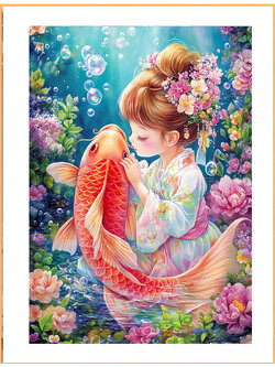 girl-1110 *สินค้าหมด* ชุดปักครอสติช ลายสาวน้อยกับปลา (ปักเต็มผืนผ้า ไม่มีเดินเส้น ผ้า11CT พิมพ์ลาย ปัก 3 เส้นเล็ก) ขนาด 50*70 ซม.ผ้าครอสติช 11CTพิมพ์ลายปักบนผ้า ไหมคอตตอน 44 สี ผังลาย เข็ม