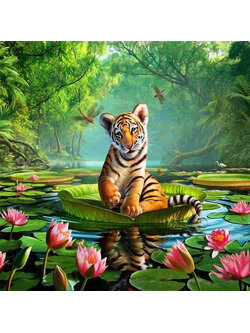 tiger-1103 *สินค้าหมด* ชุดปักครอสติช ลายเสือน้อยบนใบบัว (งานปักเต็มลาย ไม่มีเดินเส้น) ขนาด 40*50 ซม.ผ้าครอสติช 11CTพิมพ์ลายปักบนผ้า ไหมคอตตอน 32 สี ผังลาย เข็ม