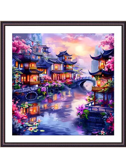 view-1130 *สินค้าหมด* ชุดปักครอสติช ลายสองฝั่งคลอง (ปักเต็มผืนผ้า ไม่มีเดินเส้น ผ้า11CT พิมพ์ลาย มีประกาย ปัก 3 เส้นเล็ก) ขนาด 50*50 ซม.ผ้าครอสติช 11CTพิมพ์ลายปักเต็มลายผ้า ไหมคอตตอน 55 สี ผังลาย เข็ม