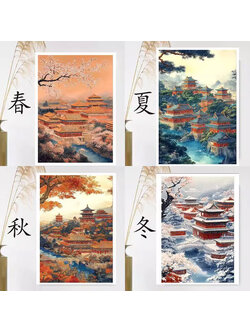 view-1027 *พร้อมส่ง* ชุดปักครอสติช ลายเซต 4 ชิ้น พระราชวังต้องห้าม 4 ฤดู (ปักเต็มผืนผ้า ไม่มีเดินเส้น ผ้า11CTพิมพ์ลาย สีน้ำตาล ปัก 3 เส้นเล็ก) ขนาดภาพละ 50*70 ซม.ผ้าครอสติช 11CTพิมพ์ลายปักบนผ้า ไหมคอตตอน 146 สี ผังลาย เข็ม