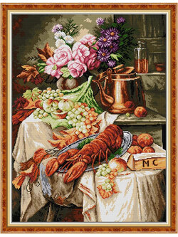 food-1001 *พร้อมส่ง* ชุดปักครอสติช ลายชุดอาหาร ล็อปสเตอร์ (ปักเต็มผืนผ้า ไม่มีเดินเส้น ผ้าตาเล็ก ปักครั้งละ 2 เส้นเล็ก) ขนาด 44*57 ซม.ผ้าครอสติช 14CTพิมพ์ลายปักบนผ้า ไหมคอตตอน 35 สี ผังลาย เข็ม