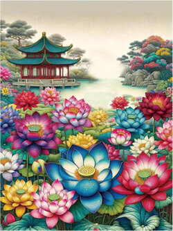 bua-1011 *พร้อมส่ง* ชุดปักครอสติช ลายศาลาบึงบัว (ปักเต็มผืนผ้า ไม่มีเดินเส้น ผ้า9CTพิมพ์ลาย มีประกาย ปัก 4 เส้นเล็ก) ขนาด 60*80 ซม.ผ้าครอสติช 9CTพิมพ์ลายปักบนผ้า ไหมคอตตอน 56 สี ผังลาย เข็ม