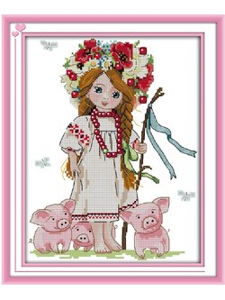 girl-1035 *พร้อมส่ง* ชุดปักครอสติช ลายสาวน้อยกับลูกหมู (ผ้า11CTพิมพ์ลาย ปัก 3 เส้นเล็ก) ขนาด 33*39 ซม.ผ้าครอสติช 11CTพิมพ์ลายปักบนผ้า ไหมคอตตอน 33 สี ผังลาย เข็ม