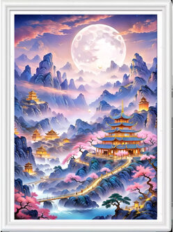 view-1144 *สินค้าหมด* ชุดปักครอสติช ลายเมืองทองใต้แสงจันทร์ (ปักเต็มผืนผ้า ไม่มีเดินเส้น ผ้า9CT พิมพ์ลาย ปัก 4 เส้นเล็ก) ขนาด 60*80 ซม.ผ้าครอสติช 9CTพิมพ์ลายปักบนผ้า ไหมคอตตอน 53 สี ผังลาย เข็ม