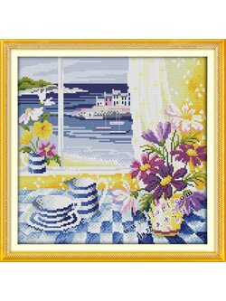 view-1021 *พร้อมส่ง* ชุดปักครอสติช ลายวิวทะเลนอกหน้าต่าง (ปักเต็มผืนผ้า ไม่มีเดินเส้น ผ้า11CTพิมพ์ลาย ปัก 3 เส้นเล็ก) ขนาด 42*42 ซม.ผ้าครอสติช 11CTพิมพ์ลายปักบนผ้า ไหมคอตตอน 25 สี ผังลาย เข็ม