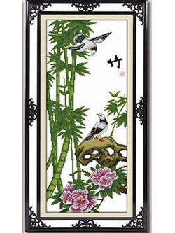 bloom-1015 *พร้อมส่ง* ชุดปักครอสติช ลายนกน้อยกับต้นไผ่ (ปักครั้งละ 3 เส้นเล็ก) ขนาด 40*95 ซม ผ้าครอสติช 11CTพิมพ์ลายปักบนผ้า ไหมคอตตอน 27 สี ผังลาย เข็ม