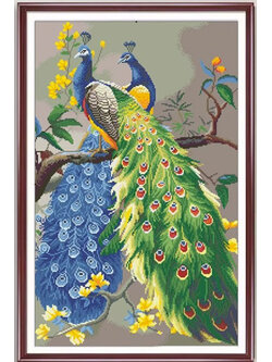 peacock-1160 *สินค้าหมด* ชุดปักครอสติช ลายนกยูงคู่เกาะกิ่งแมกโนเลีย (งานปักเต็มลาย ไม่มีเดินเส้น) ปักครั้งละ 3 เส้นเล็ก ขนาด 50*75 ซม.ผ้าครอสติช 11CTพิมพ์ลายปักบนผ้า ไหมคอตตอน 38 สี ผังลาย เข็ม
