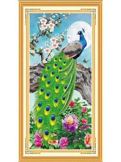 peacock-1139 *สินค้าหมด* ชุดปักครอสติช ลายนกยูงใต้เงาจันทร์ (งานปักเต็มลาย ไม่มีเดินเส้น) ขนาด 50*90 ซม.ผ้าครอสติช 11CTพิมพ์ลายปักบนผ้า ไหมคอตตอน 51 สี ผังลาย เข็ม