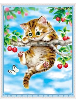 cat-1015 *พร้อมส่ง* ชุดปักครอสติช ลายแมวน้อยเกาะต้นเชอรี่ (ปักเต็มผืนผ้า ไม่มีเดินเส้น ผ้า11CTพิมพ์ลาย ปัก 3 เส้นเล็ก) ขนาด 40*50 ซม.ผ้าครอสติช 11CTพิมพ์ลายปักบนผ้า ไหมคอตตอน 25 สี ผังลาย เข็ม