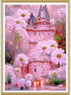 home-1013 *พร้อมส่ง* ชุดปักครอสติช ลายปราสาทดอกเดซี่ (ปักเต็มผืนผ้า ไม่มีเดินเส้น ผ้า9CTพิมพ์ลาย ปัก 4 เส้นเล็ก) ขนาด 65*80 ซม.ผ้าครอสติช 9CTพิมพ์ลายปักบนผ้า ไหมคอตตอน 46 สี ผังลาย เข็ม