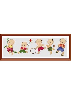 boy-1009 *พร้อมส่ง* ชุดปักครอสติช ลายการละเล่นของเด็กไทย (ไม่มีเดินเส้น ผ้า11CT พิมพ์ลาย ปัก 3 เส้นเล็ก) ขนาด 100*35 ซม.ผ้าครอสติช 11CTพิมพ์ลายปักบนผ้า+ไหมคอตตอน 30 สี+ผังลาย+เข็ม