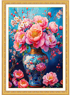 botan-1047 *สินค้าหมด* ชุดปักครอสติช ลายโบตั๋นในแจกัน (ปักเต็มผืนผ้า ไม่มีเดินเส้น ผ้า11CTพิมพ์ลาย ปัก 3 เส้นเล็ก) ขนาด 50*65 ซม.ผ้าครอสติช 11CTพิมพ์ลายปักบนผ้า ไหมคอตตอน 47 สี ผังลาย เข็ม