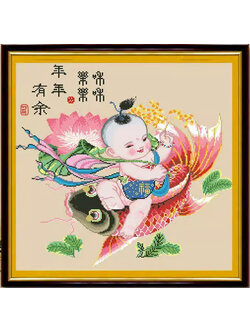 boy-1003 *พร้อมส่ง* ชุดปักครอสติช ลายเด็กน้อยขี่ปลา (ผ้า11CT พิมพ์ลาย สีน้ำตาล ปัก 3 เส้นเล็ก) ขนาด 61*60 ซม.ผ้าครอสติช 11CTพิมพ์ลายปักบนผ้า ไหมคอตตอน 33 สี ผังลาย เข็ม