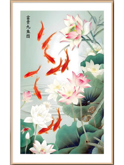 pla-1009 *สินค้าหมด* ชุดปักครอสติช ลาย 9 ปลาคาร์ปทองในบึงบัว (ปักเต็มผืนผ้า ไม่มีเดินเส้น ผ้า11CTพิมพ์ลาย ปัก 3 เส้นเล็ก) ขนาด 47*75 ซม.ผ้าครอสติช 11CTพิมพ์ลายปักบนผ้า ไหมคอตตอน 33 สี ผังลาย เข็ม