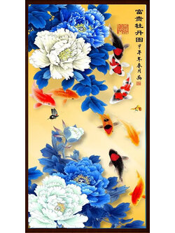 pla-1133 *สินค้าหมด* ชุดปักครอสติช ลาย 9 ปลาคาร์ป กับช่อโบตั๋น (งานปักเต็มลาย ปักครั้งละ 3 เส้นเล็ก) ขนาด 54*101 ซม.ผ้าครอสติช 11CTพิมพ์ลายปักบนผ้า ไหมคอตตอน 57 สี ผังลาย เข็ม