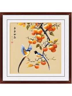 bird-1117 *สินค้าหมด* ชุดปักครอสติช ลายคู่นกน้อยเกาะกิ่งลูกพลับ (ผ้าสีน้ำตาล ไม่มีเดินเส้น ผ้า11CTพิมพ์ลาย ปัก 3 เส้นเล็ก) ขนาด 63*63 ซม.ผ้าครอสติช 11CTสีน้ำตาล พิมพ์ลายปักบนผ้า ไหมคอตตอน 32 สี ผังลาย เข็ม