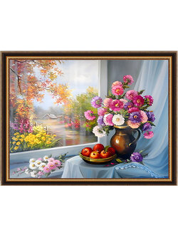 vase-1110 *สินค้าหมด* ชุดปักครอสติช ลายดอกไม้ในแจกันริมหน้าต่าง (ปักเต็มผืนผ้า ไม่มีเดินเส้น ปักครั้งละ 3 เส้นเล็ก) ขนาด 100*75 ซม.ผ้าครอสติช 11CTพิมพ์ลายปักบนผ้า ไหมคอตตอน 68 สี ผังลาย เข็ม