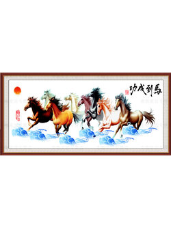 maa-1003 *พร้อมส่ง* ชุดปักครอสติช ลาย 8 อาชา (รุ่นไหมเงา silk ผ้าพิมพ์ลาย11CT ปัก 3 เส้นเล็ก) ขนาด 80*40 ซม.ผ้าครอสติช 11CTพิมพ์ลายปักบนผ้า ไหมเงา silk 45 สี ผังลาย เข็ม