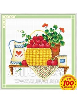 fruit-1021 *สินค้าหมด* ชุดปักครอสติช ลายตะกร้าแอปเปิ้ล 2 (ไม่มีเดินเส้น ผ้า11CTพิมพ์ลาย ปักครั้งละ 3 เส้นเล็ก ไม่มีผังลาย พิมพ์ลายบนผ้าชัด ปักบนผ้าได้เลย ) ขนาด 52*52 ซม.ผ้าครอสติช 11CTพิมพ์ลายปักบนผ้า ไหมคอตตอน 32 สี เข็ม
