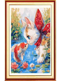 cat-1023 *พร้อมส่ง* ชุดปักครอสติช ลายน้องแมวกับน้องปลา (ปักเต็มผืนผ้า ไม่มีเดินเส้น ผ้า11CTพิมพ์ลาย ปัก 3 เส้นเล็ก) ขนาด 50*65 ซม.ผ้าครอสติช 11CTพิมพ์ลายปักบนผ้า ไหมคอตตอน 54 สี ผังลาย เข็ม