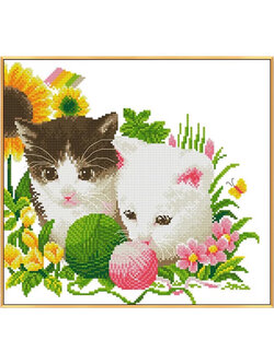 cat-1011 *พร้อมส่ง* ชุดปักครอสติช ลายคู่แมวน้อย (ผ้า11CTพิมพ์ลาย ปัก 3 เส้นเล็ก) ขนาด 38*36 ซม.ผ้าครอสติช 11CTพิมพ์ลายปักบนผ้า ไหมคอตตอน 20 สี ผังลาย เข็ม