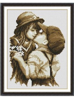 love-1136 *สินค้าหมด* ชุดปักครอสติช ลายเด็กคิสสีซีเปีย (ไม่มีเดินเส้น) ขนาด 29*37 ซม ผ้าครอสติช 11CTพิมพ์ลายปักบนผ้า ไหมคอตตอน 8 สี ผังลาย เข็ม