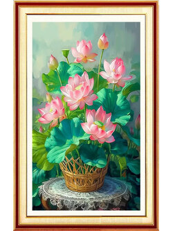 bua-1005 *พร้อมส่ง* ชุดปักครอสติช ลายช่อดอกบัว (ปักเต็มผืนผ้า ไม่มีเดินเส้น ผ้า11CT พิมพ์ลาย ปัก 3 เส้นเล็ก) ขนาด 50*70 ซม.ผ้าครอสติช 11CT พิมพ์ลายปักบนผ้า+ไหมคอตตอน 26 สี+ผังลาย+เข็ม