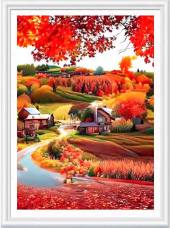 home-1009 *พร้อมส่ง* ชุดปักครอสติช ลายหมู่บ้านในฤดูใบไม้เปลี่ยนสี (ปักเต็มผืนผ้า ไม่มีเดินเส้น ผ้า11CTพิมพ์ลาย มีประกาย ปัก 3 เส้นเล็ก) ขนาด 50*68 ซม.ผ้าครอสติช 11CTพิมพ์ลายปักบนผ้า ไหมคอตตอน 45 สี ผังลาย เข็ม