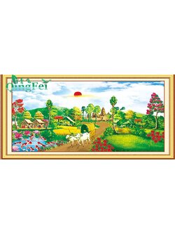 view-1007 *พร้อมส่ง* ชุดปักครอสติช ลายวิถีชนบท (ผ้า11CTพิมพ์ลาย ปัก 3 เส้นเล็ก) ขนาด 100*60 ซม. ผ้าครอสติช 11CTพิมพ์ลายปักบนผ้า ไหมคอตตอน 30 สี ผังลาย เข็ม