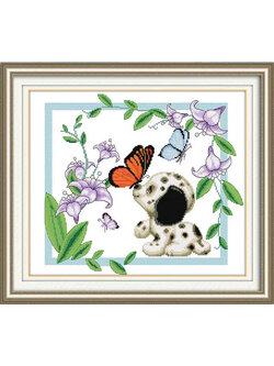 dog-1001 *พร้อมส่ง* ชุดปักครอสติช ลายกรอบรูปดัลเมเชี่ยนน้อยกับผีเสื้อ (ปักครั้งละ 3 เส้นเล็ก) ขนาด 54*47 ซม.ผ้าครอสติช 11CTพิมพ์ลายปักบนผ้า ไหมคอตตอน 30 สีผังลาย เข็ม