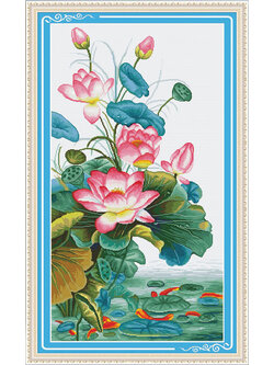 bua-1101 *สินค้าหมด* ชุดปักครอสติช ลายบึงบัว (ไม่มีเดินเส้น ปักครั้งละ 3 เส้นเล็ก) ขนาด 67*120 ซม.ผ้าครอสติช 11CTพิมพ์ลายปักบนผ้า ไหมคอตตอน 46 สี ผังลาย เข็ม