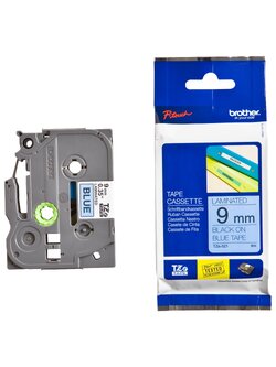 เทปพิมพ์อักษร BROTHER 9 mm. - อักษรดำพื้นน้ำเงิน TZE-521