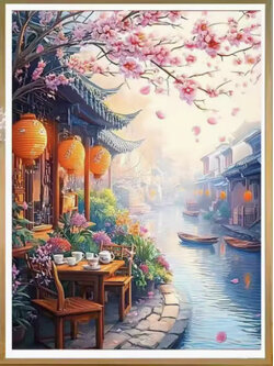 home-1015 *พร้อมส่ง* ชุดปักครอสติช ลายบ้านริมคลอง ในฤดู spring (ปักเต็มผืนผ้า ไม่มีเดินเส้น ผ้า11CTพิมพ์ลาย ปัก 3 เส้นเล็ก) ขนาด 50*70 ซม.ผ้าครอสติช 11CTพิมพ์ลายปักบนผ้า+ไหมคอตตอน 34 สี+ผังลาย+เข็ม