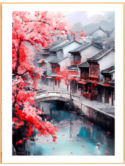 home-1005 *พร้อมส่ง* ชุดปักครอสติช ลายบ้านริมคลอง (ปักเต็มผืนผ้า ไม่มีเดินเส้น ผ้า9CT พิมพ์ลาย สีน้ำตาล ปัก 4 เส้นเล็ก) ขนาด 60*80 ซม.ผ้าครอสติช 9CTพิมพ์ลายปักบนผ้า ไหมคอตตอน 40 สี ผังลาย เข็ม