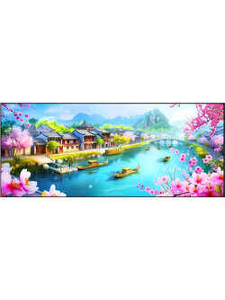 view-1053 *สินค้าหมด* ชุดปักครอสติช ลายวิถีริมคลอง ในฤดู summer (ปักเต็มผืนผ้า ไม่มีเดินเส้น ผ้า11CTพิมพ์ลาย ปัก 3 เส้นเล็ก) ขนาด 80*40 ซม.ผ้าครอสติช 11CTพิมพ์ลายปักบนผ้า ไหมคอตตอน 43 สี ผังลาย เข็ม