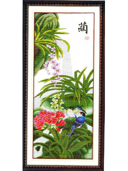 bloom-1013 *พร้อมส่ง* ชุดปักครอสติช ลายนกน้อยกับช่อกล้วยไม้ (ปักครั้งละ 3 เส้นเล็ก) ขนาด 40*95 ซม ผ้าครอสติช 11CTพิมพ์ลายปักบนผ้า ไหมคอตตอน 38 สี ผังลาย เข็ม