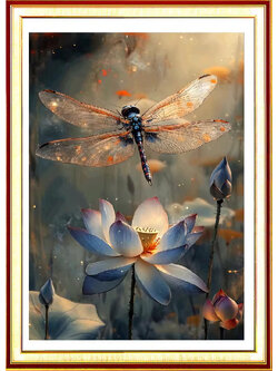 bua-1015 *พร้อมส่ง* ชุดปักครอสติช ลายแมลงปอดอกบัว (ปักเต็มผืนผ้า ไม่มีเดินเส้น ผ้า11CTพิมพ์ลาย ปัก 3 เส้นเล็ก) ขนาด 50*70 ซม.ผ้าครอสติช 11CT พิมพ์ลายปักบนผ้า ไหมคอตตอน 35 สี ผังลาย เข็ม