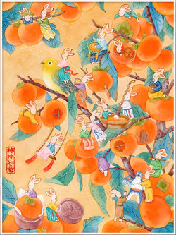 rabbit-1001 *พร้อมส่ง* ชุดปักครอสติช ลายกระต่ายสุขสันต์ที่ต้นลูกพลับ (ปักเต็มผืนผ้า ไม่มีเดินเส้น ผ้า11CT พิมพ์ลาย ปัก 3 เส้นเล็ก) ขนาด 48*62 ซม.ผ้าครอสติช 11CTพิมพ์ลายปักบนผ้า ไหมคอตตอน 38 สี ผังลาย เข็ม