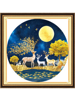 deer-1107 *สินค้าหมด* ชุดปักครอสติช ลายกวางทองใต้เงาจันทร์ (ปักเต็มผืน ไม่มีเดินเส้น ปักครั้งละ 3 เส้นเล็ก) ขนาด 50*50 ซม.ผ้าครอสติช 11CTพิมพ์ลายปักบนผ้า ไหมคอตตอน 26 สี ผังลาย เข็ม