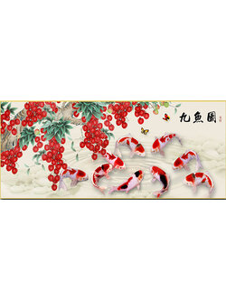 pla-1196 *สินค้าหมด* ชุดปักครอสติช ลาย 9 ปลาคาร์ปและช่อลิ้นจี่ (งานปักเต็มลาย ไม่มีเดินเส้น) ขนาด 120*50 ซม.ผ้าครอสติช 11CTพิมพ์ลายปักบนผ้า ไหมคอตตอน 36 สี ผังลาย เข็ม