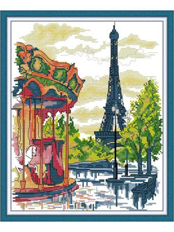 view-1154 *สินค้าหมด* ชุดปักครอสติช ลายม้าหมุนหอไอเฟล (ผ้า11CTพิมพ์ลาย ปักครั้งละ 3 เส้นเล็ก) ขนาด 36*43 ซม.ผ้าครอสติช 11CTพิมพ์ลายปักบนผ้า ไหมคอตตอน 27 สี ผังลาย เข็ม