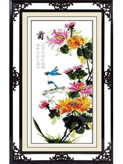 bloom-1053 *พร้อมส่ง* ชุดปักครอสติช ลายนกน้อยกับดอกเบญจมาศ (ผ้า11CTพิมพ์ลาย ปัก 3 เส้นเล็ก) ขนาด 50*91 ซม.ผ้าครอสติช 11CTพิมพ์ลายปักบนผ้า+ไหมคอตตอน 30 สี+ผังลาย+เข็ม