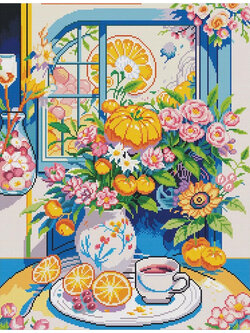 vase-1003 *สินค้าหมด* ชุดปักครอสติช ลายแจกันดอกไม้และผลไม้ (ปักเต็มผืนผ้า ไม่มีเดินเส้น ปักครั้งละ 3 เส้นเล็ก) ขนาด 53*66 ซม.ผ้าครอสติช 11CTพิมพ์ลายปักบนผ้า ไหมคอตตอน 40 สี ผังลาย เข็ม