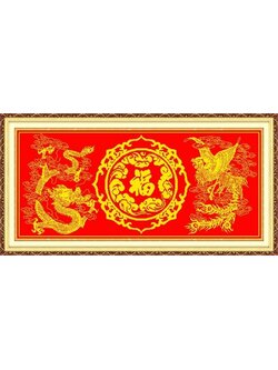 dragon-1013 *พร้อมส่ง* ชุดปักครอสติช ลายมังกรทองหงส์ทอง อวยพรมงคล (ผ้าสีแดง ไม่มีเดินเส้น ไม่มีผังลาย ปักสีเดียว ผ้า11CTพิมพ์ลาย ปัก 3 เส้นเล็ก) ขนาด 145*70 ซม.ผ้าครอสติช 11CTสีแดง พิมพ์ลายปักบนผ้า+ไหมคอตตอนสีเหลืองทอง+เข็ม