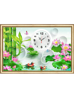 clock-2017 *สินค้าหมด* ชุดภาพติดคริสตัลกลม ลายนาฬิกา เป็ดแมนดารินคู่ในบึงบัว (งานติดเต็มภาพ) ขนาด 50*38 ซม.ผ้าแคนวาสลงผังลายเต็ม คริสตัลกลม 28 สี (มีตัวเรือนนาฬิกา) อุปกรณ์ครบชุด