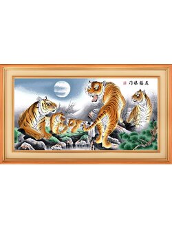 tiger-1104 *สินค้าหมด* ชุดปักครอสติช ลาย 5 เสือมงคล (ปักครั้งละ 3 เส้นเล็ก) ขนาดใหญ่ 141*77 ซม.ผ้าครอสติช 11CTพิมพ์ลายปักบนผ้า ไหมคอตตอน 58 สี ผังลาย เข็ม