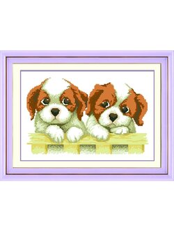 dog-1101 *สินค้าหมด* ชุดปักครอสติช ลายคู่น้องหมา (ไม่มีเดินเส้น ผ้า11CTพิมพ์ลาย ปัก 3 เส้นเล็ก) ขนาด 47*33 ซม.ผ้าครอสติช 11CTพิมพ์ลายปักบนผ้า ไหมคอตตอน 17 สี ผังลาย เข็ม