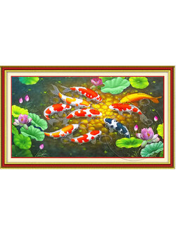 pla-1117 *สินค้าหมด* ชุดปักครอสติช ลาย 9 ปลาคาร์ป ในบึงบัว (ปักเต็มผืนผ้า ไม่มีเดินเส้น ผ้า11CTพิมพ์ลาย ปัก 3 เส้นเล็ก) ขนาด 100*55 ซม.ผ้าครอสติช 11CTพิมพ์ลายปักบนผ้า ไหมคอตตอน 43 สี ผังลาย เข็ม